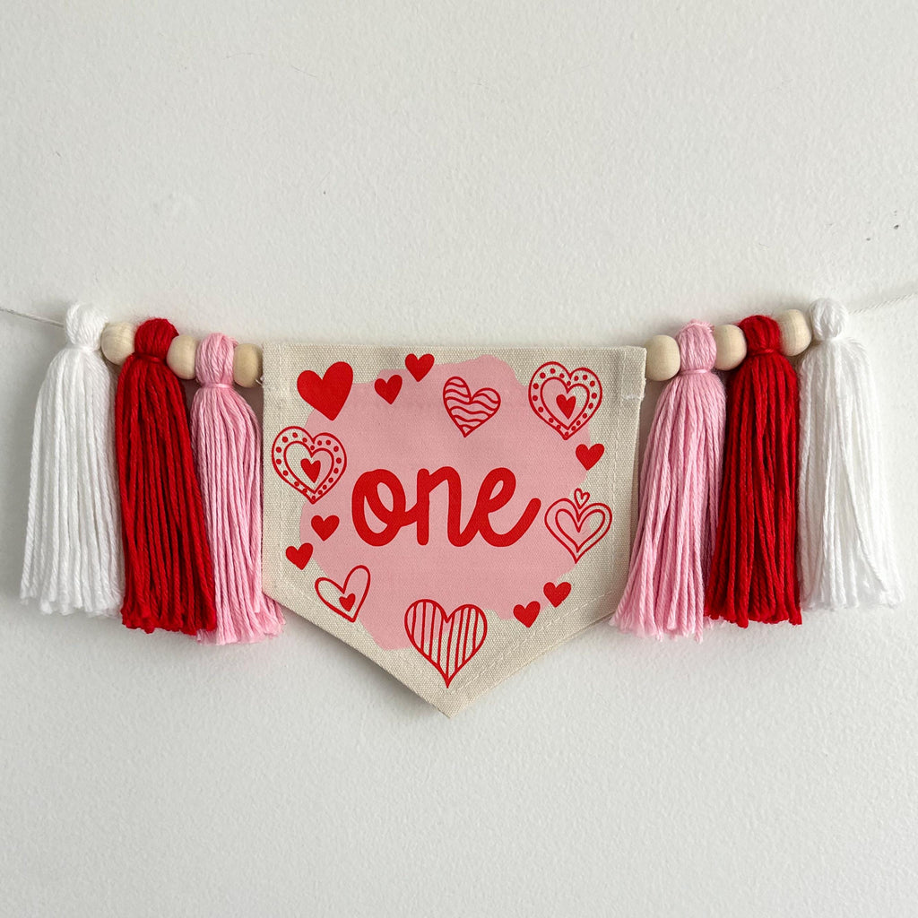 Valentine 1st Birthday Tassel Banner, Heart Highchair Decoration, Love Cake Smash Pennant, Valentines Day First Birthday Party Sign