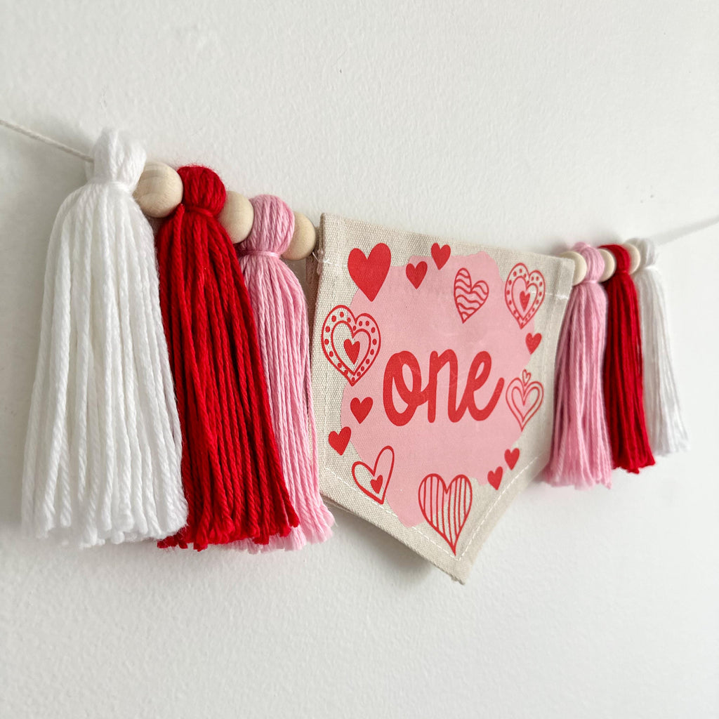 Valentine 1st Birthday Tassel Banner, Heart Highchair Decoration, Love Cake Smash Pennant, Valentines Day First Birthday Party Sign
