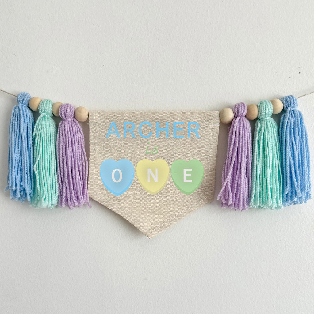 One Little Sweetheart 1st Birthday Banner, Custom Candy Hearts Highchair Decoration, Personalized Valentines Day First Birthday Party Sign