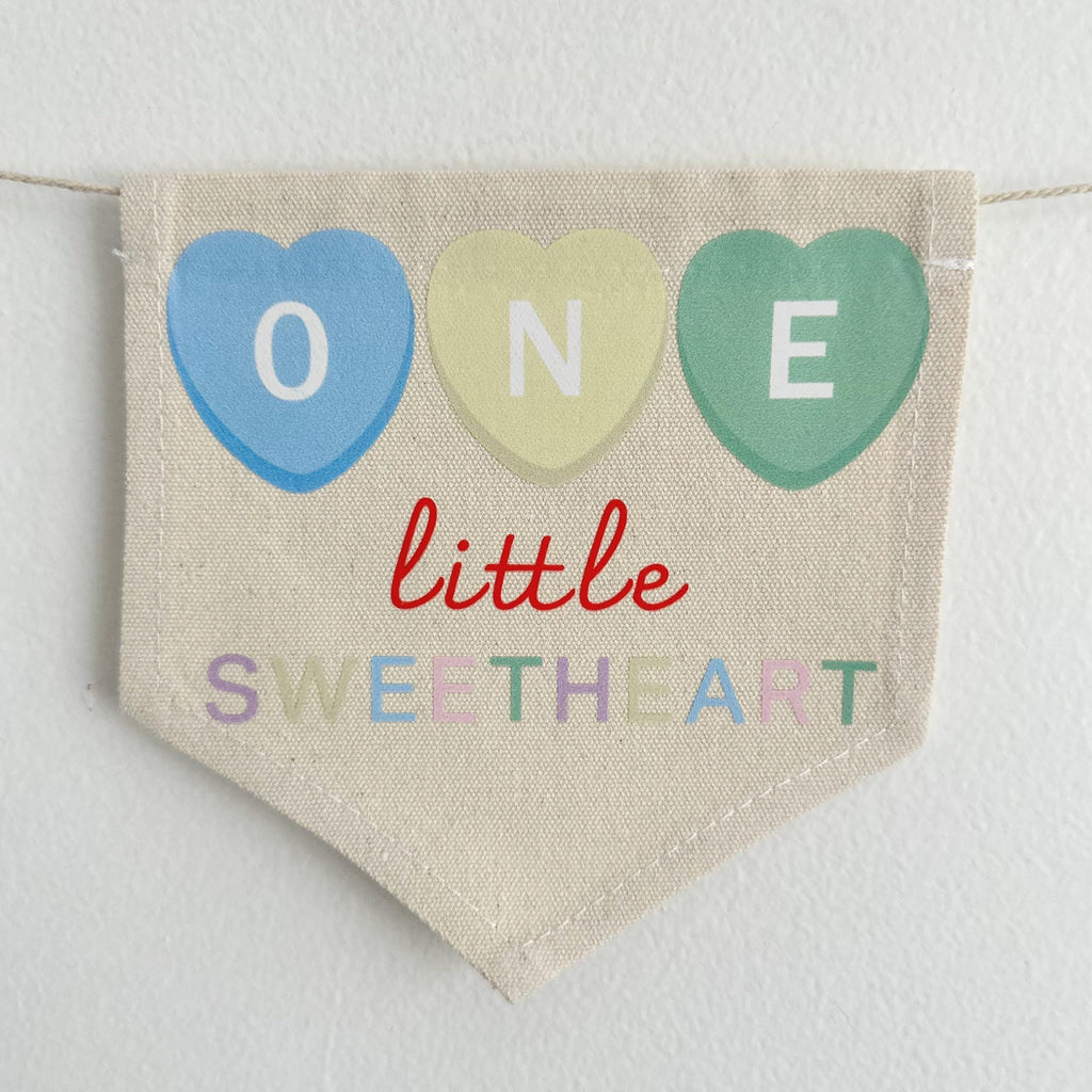 One Little Sweetheart 1st Birthday Banner, Custom Candy Hearts Highchair Decoration, Personalized Valentines Day First Birthday Party Sign