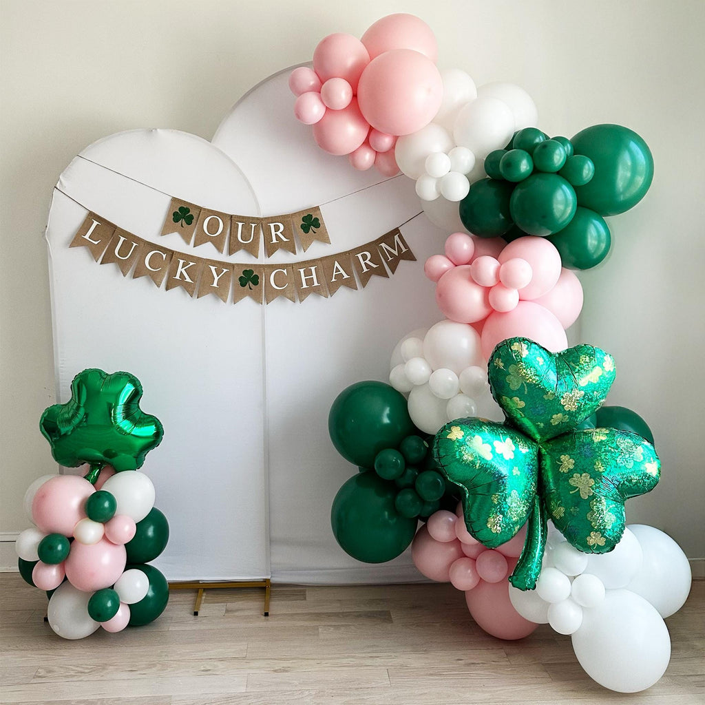Lucky Charm Baby Shower Bundle | St Patricks Themed Baby Girl Shower Decorations | Pink & Green St. Paddy's Birth Announcement