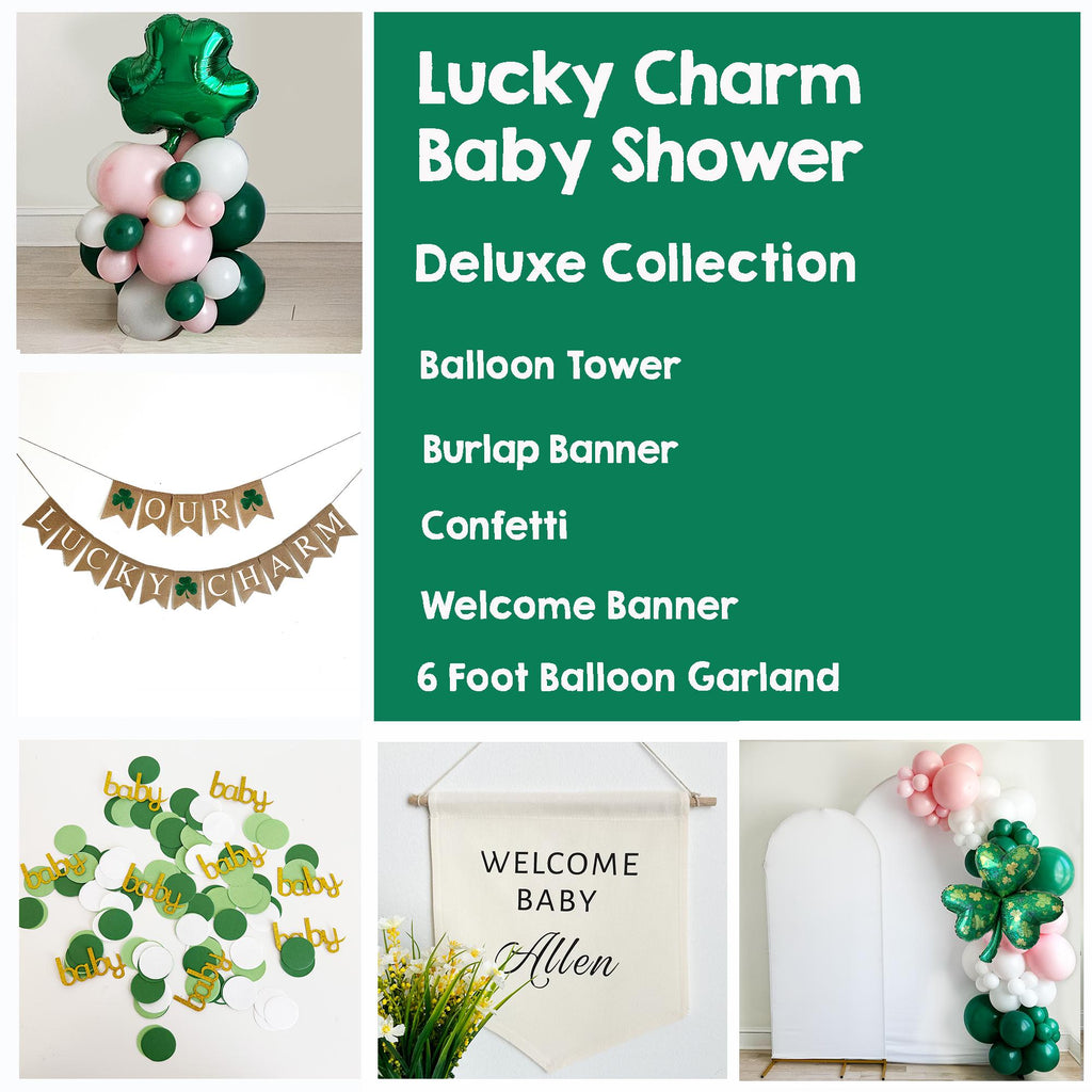 Lucky Charm Baby Shower Bundle | St Patricks Themed Baby Girl Shower Decorations | Pink & Green St. Paddy's Birth Announcement