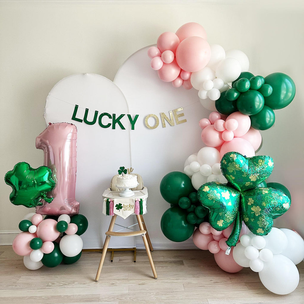 Lucky One First Birthday | Girls St Patrick's Day Party | Shamrock Clover Decorations | Green Pink and White Balloon Arch