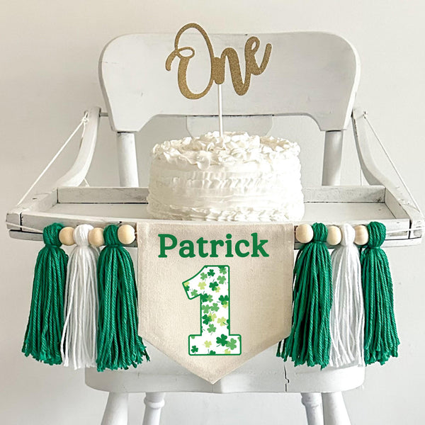 Shamrock 1st Birthday Tassel Banner, Custom St Patrick's Day Highchair Decoration, Personalized Clover First Birthday Party Sign