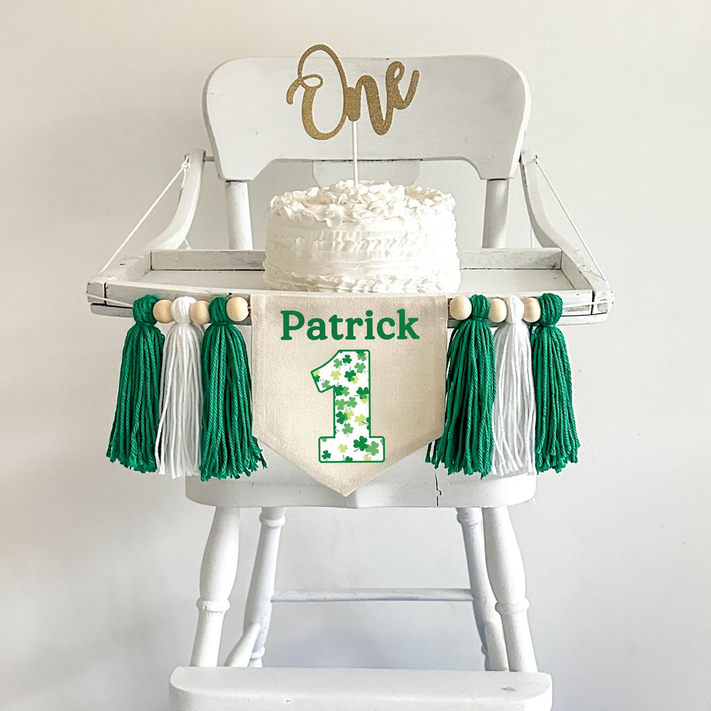 Shamrock 1st Birthday Tassel Banner, Custom St Patrick's Day Highchair Decoration, Personalized Clover First Birthday Party Sign