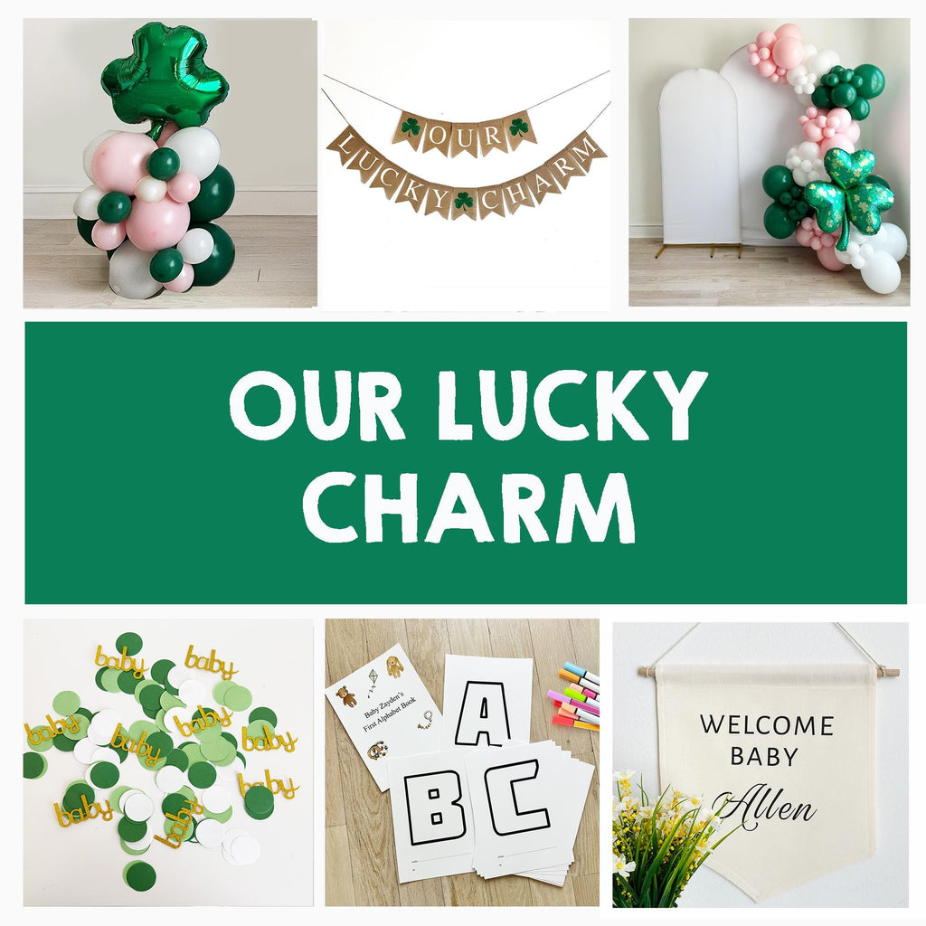 Lucky Charm Baby Shower Bundle | St Patricks Themed Baby Girl Shower Decorations | Pink & Green St. Paddy's Birth Announcement