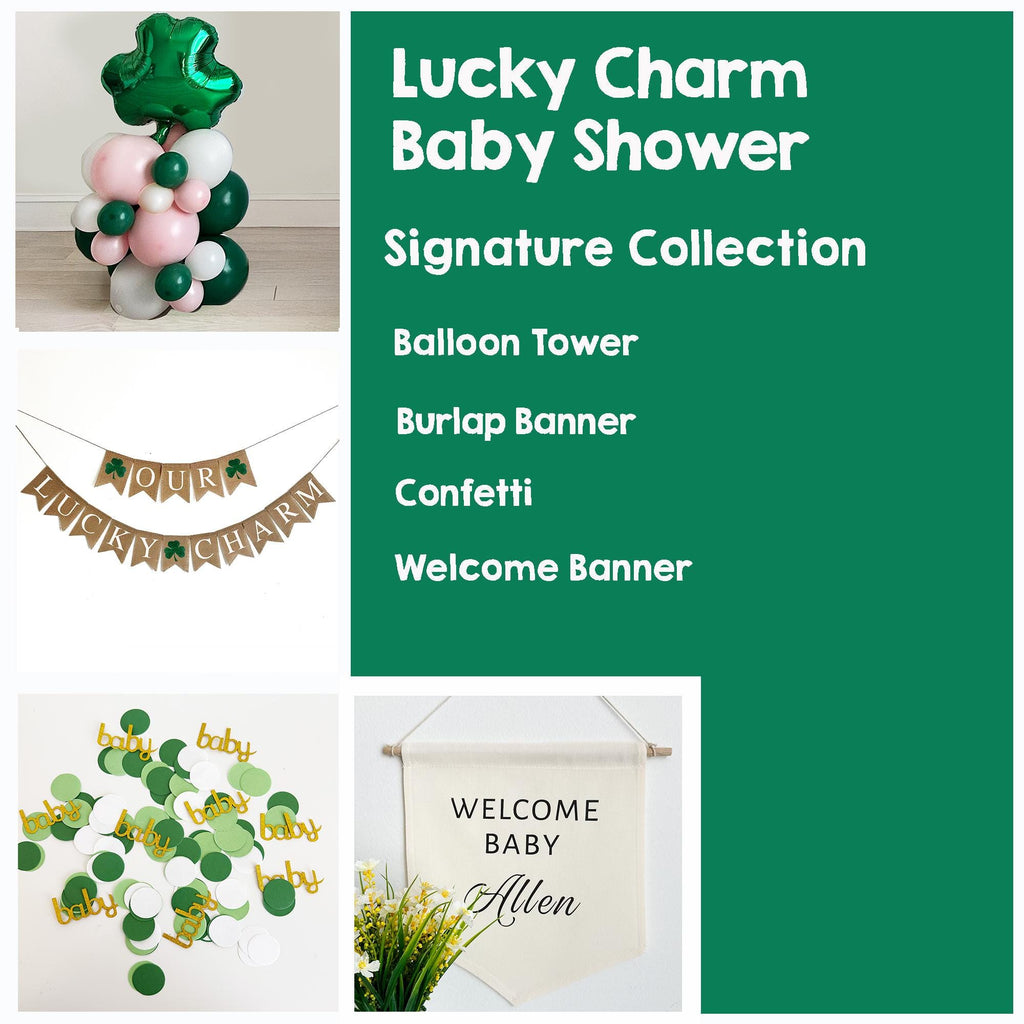 Lucky Charm Baby Shower Bundle | St Patricks Themed Baby Girl Shower Decorations | Pink & Green St. Paddy's Birth Announcement