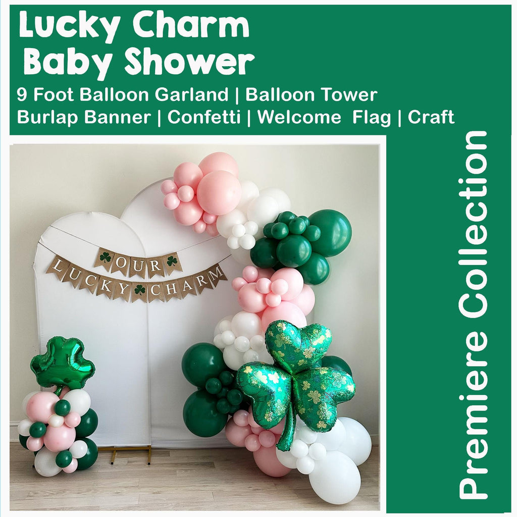 Lucky Charm Baby Shower Bundle | St Patricks Themed Baby Girl Shower Decorations | Pink & Green St. Paddy's Birth Announcement