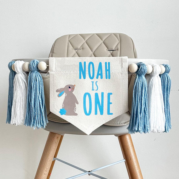Easter 1st Birthday Party Decorations, Custom Some Bunny is One High Chair Banner, Blue Rabbit Cake Smash Decor