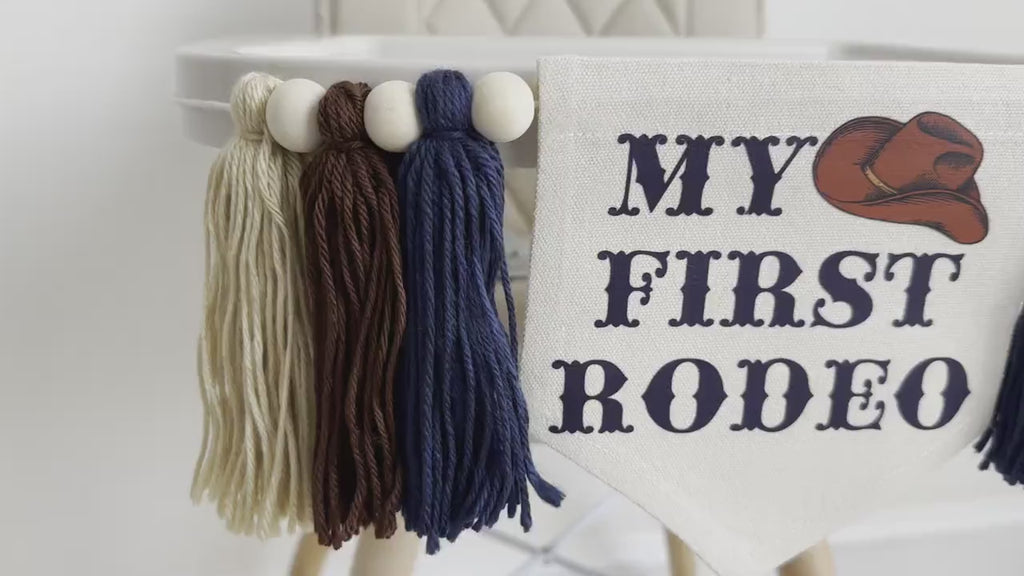 Western 1st Birthday Party Decorations | My First Rodeo Highchair Tassel Banner in Blue