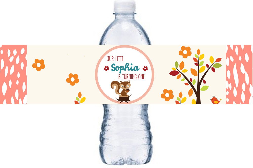 First Birthday Water Bottle Label, Woodland Bottle Label, Baby Squirrel Bottle Wrap, Woodland Birthday Party, BL004