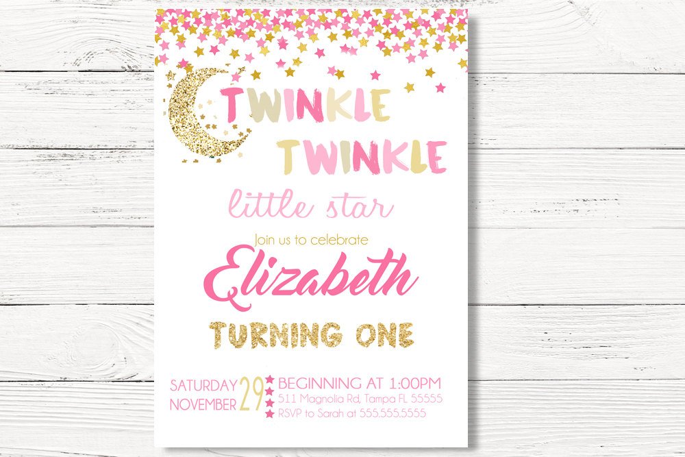 Twinkle Twinkle Little Star Invitation, Twinkle Invite, Pink Gold First Birthday Invitation, 1st Birthday Invite, Turning One Invite, C003