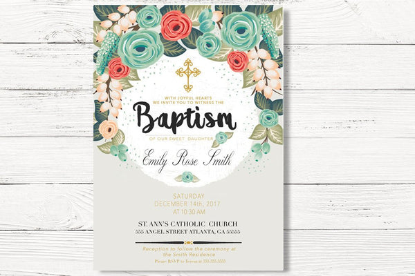 Digital Baptism Invitation, Floral Baptism Invite, First Holy Communion Invite, Flowers Christening Religious Card, C023