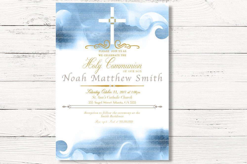 Digital First Holy Communion Invitation, Boy's Baptism Invite, Blue Christening Religious Card, C025