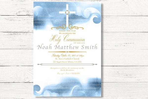 First Holy Communion Invitation, Boy's Baptism Invite, Blue Christening Religious Card, C025