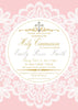 Digital First Holy Communion Invitation for a Girl, Baptism Invitation, Pink Christening Religious Card, C026