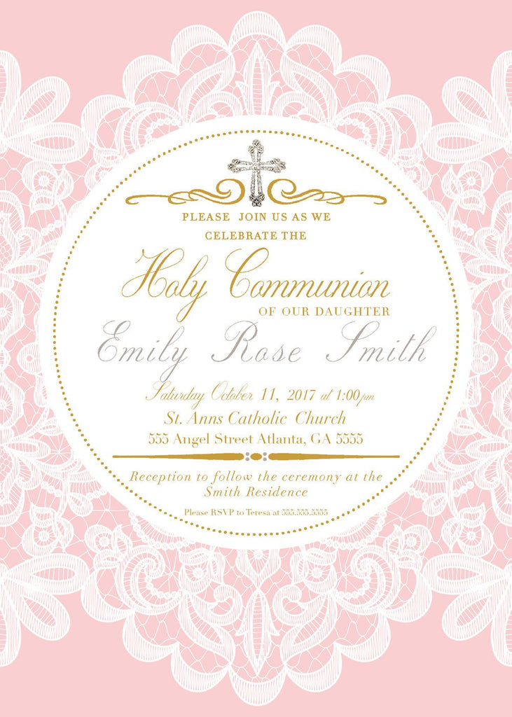 First Holy Communion Invitation for a Girl, Baptism Invitation, Pink Christening Religious Card, C026