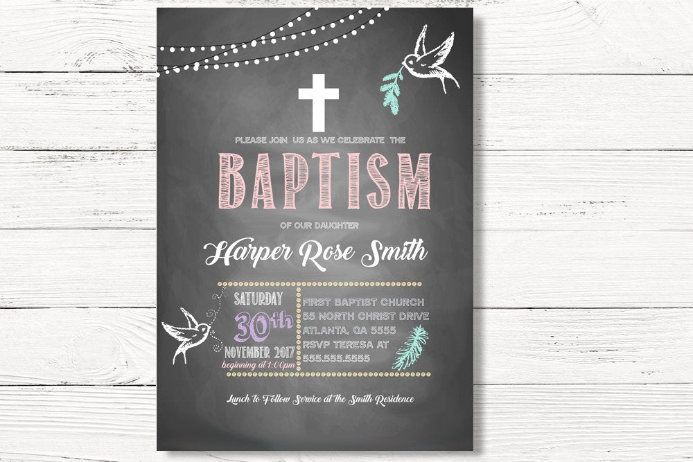 Baptism Invitation, Chalkboard Baptism Invite, First Holy Communion Invitation for a Girl, Christening Religious Card, C022