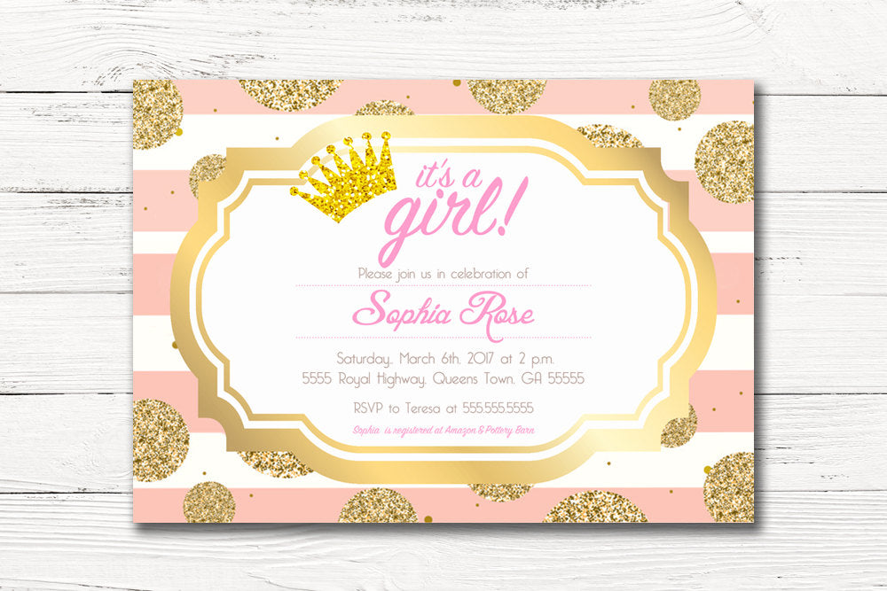 Digital Pink Gold Royal Baby Shower Invitation, It's A Girl Baby Shower Invite, C004