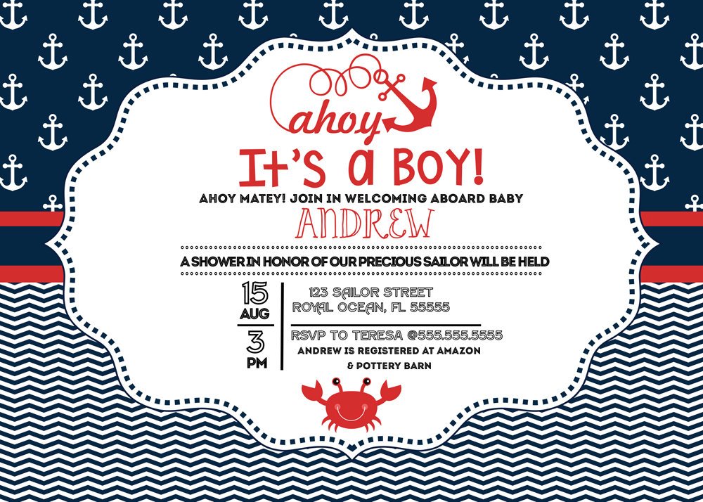 Digital Nautical Baby Shower Invitation, Ahoy It's A Boy Invite, Anchor Invitation, Nautical Invitation, C015
