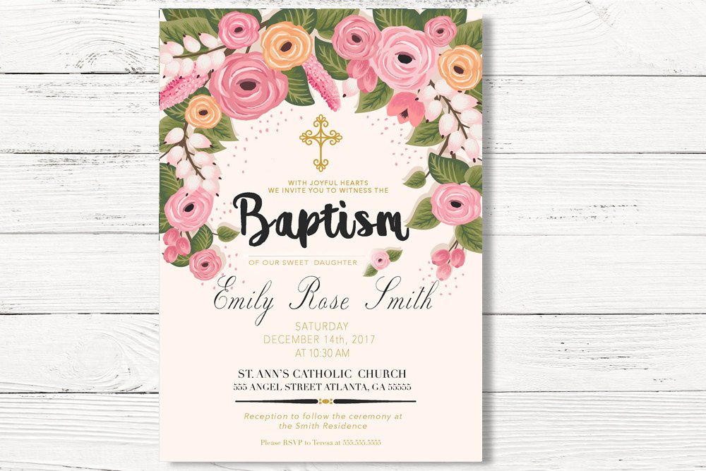 Baptism Invitation, Floral Baptism Invite, First Holy Communion Invite, Flowers Christening Religious Card, C024