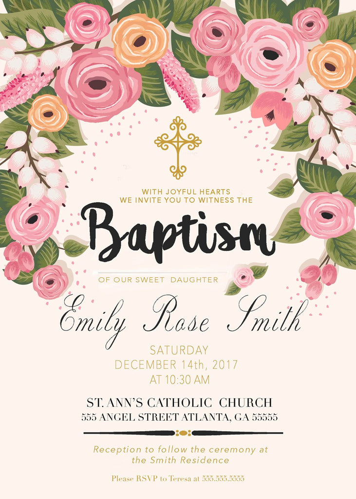 Digital Baptism Invitation, Floral Baptism Invite, First Holy Communion Invite, Flowers Christening Religious Card, C024