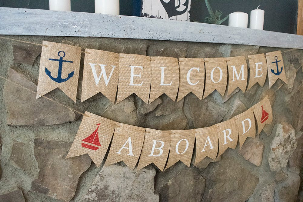 Nautical Baby Shower Decor, Welcome Aboard Nautical Banner, Sailboat and Anchor Garland, B446
