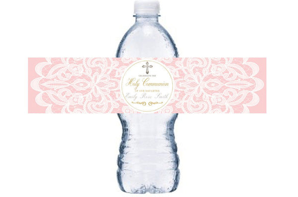 Girl's Pink Holy Communion Water Bottle Label, Girl Communion Bottle Wrap, Pink Holy Communion Waterproof Adhesive Bottle Wraps, BL016