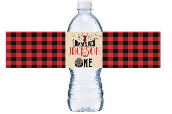 Boy First Birthday Water Bottle Labels, Lumberjack First Birthday Bottle Wrap, Red Plaid 1st Birthday Bottle Decor, Turning One Party, BL033