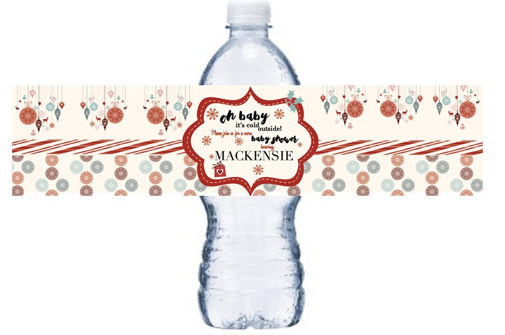 Christmas Baby Shower Bottle Labels, Waterproof Baby Shower Bottle Wraps, Red Holiday Ornament Baby Shower Water Bottle Wraps, BL019