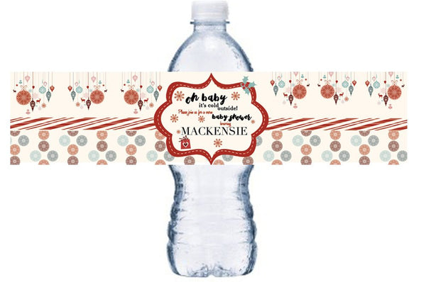 Christmas Baby Shower Bottle Labels, Waterproof Baby Shower Bottle Wraps, Red Holiday Ornament Baby Shower Water Bottle Wraps, BL019