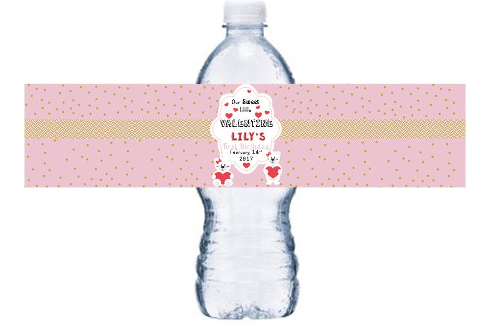 Waterproof Water Bottle Labels, Valentine's First Birthday Bottle Label, Girl 1st Birthday Bottle Wrap, Adhesive Birthday Bottle Wrap, BL026
