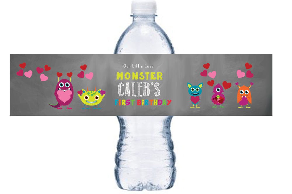 Boy First Birthday Water Bottle Labels, Little Monster First Birthday Bottle Wraps, Chalkboard Monster 1st Birthday Bottle Decor, BL034