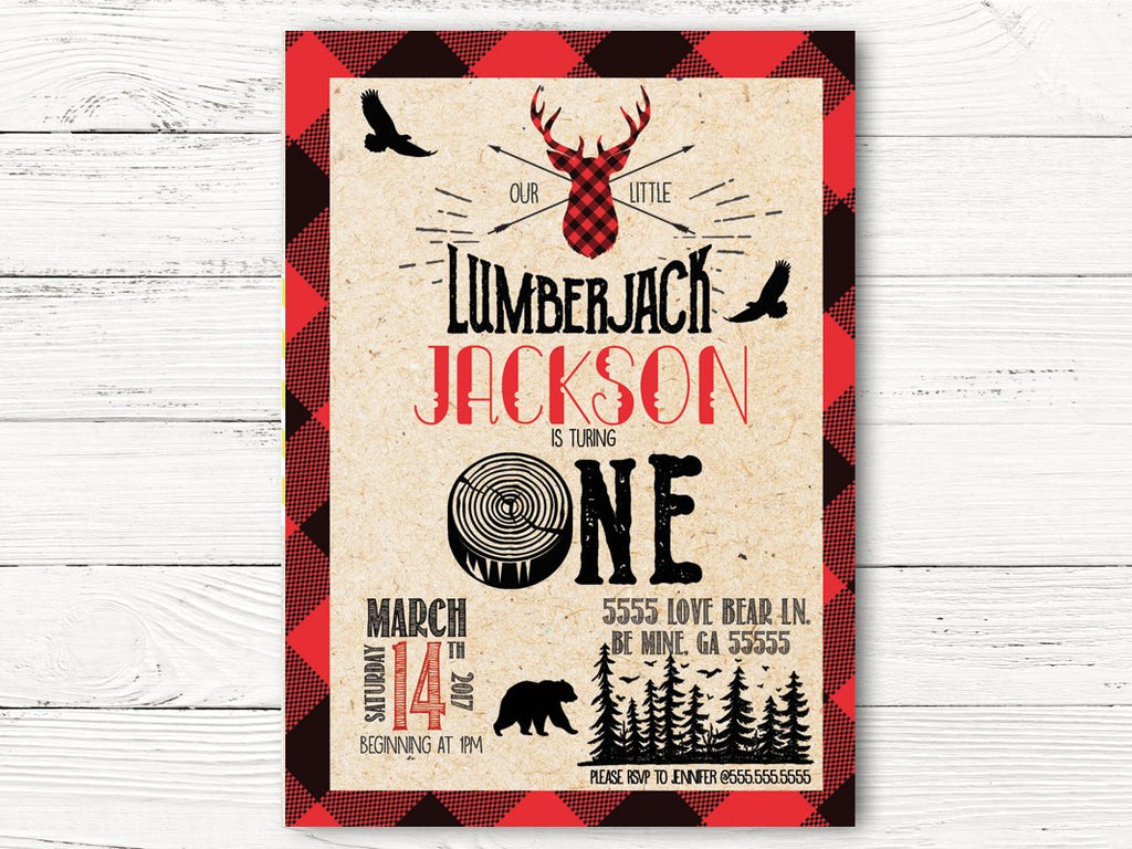 Lumberjack First Birthday Invitation, Buffalo Plaid  Invitation, Wildness Invite, Baby Birthday Invitation, C049