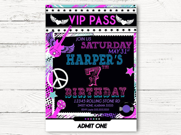Rockstar Birthday Party Glam Girl Invite, Birthday Party Invitation Girl Invite  Card, C055