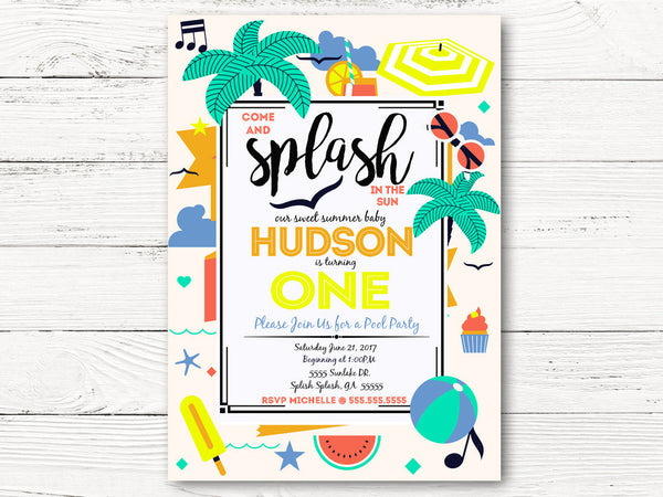 Pool Party First Birthday Invitation, Summer Party  Invite, Baby Boy 1st Birthday Invitation, C057