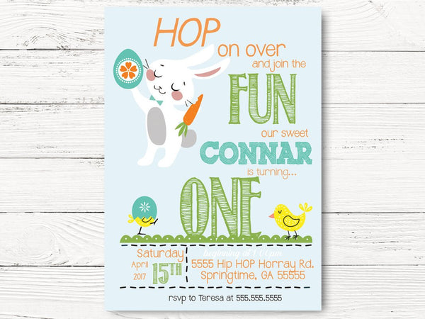 Digital Easter First Birthday Invitation, Bunny Themed Party,  Spring Party Invites, Springtime Birthday Party, Easter Birthday Party, C042