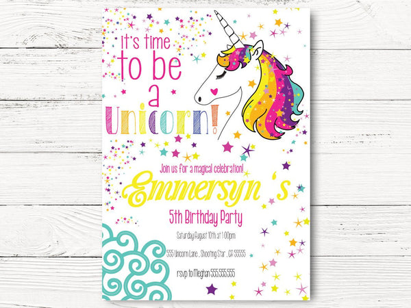 Unicorn Birthday Party Invitation, Magical Party Invite, Unicorn Card, Rainbow Invite, C074
