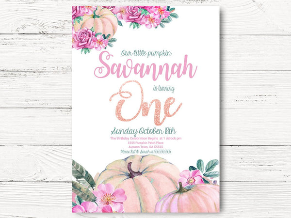 Fall Birthday Invitation, Our Little Pumpkin is Turning One Invite, Pumpkin Invite, Baby Girl Invitation, First Birthday Invitation, C079