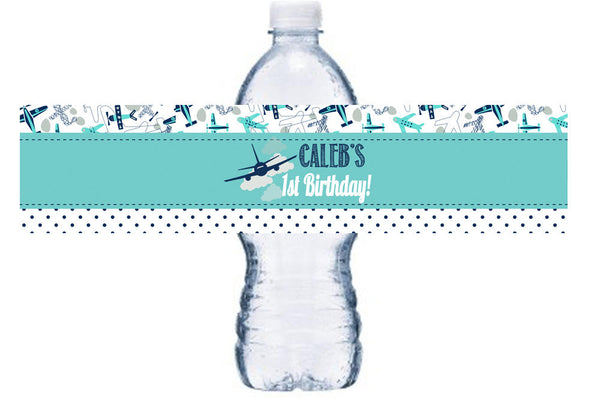 Airplane First Birthday Water Bottle Label,Let the Adventure Begin Wrap, Aviator Adhesive Bottle Wrap, Airplane Birthday Party BL043