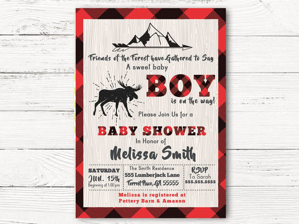 Lumberjack Baby Shower Invitation, Buffalo Plaid  Invitation, Wildness Invite, Baby Boy Shower Invitation, C048