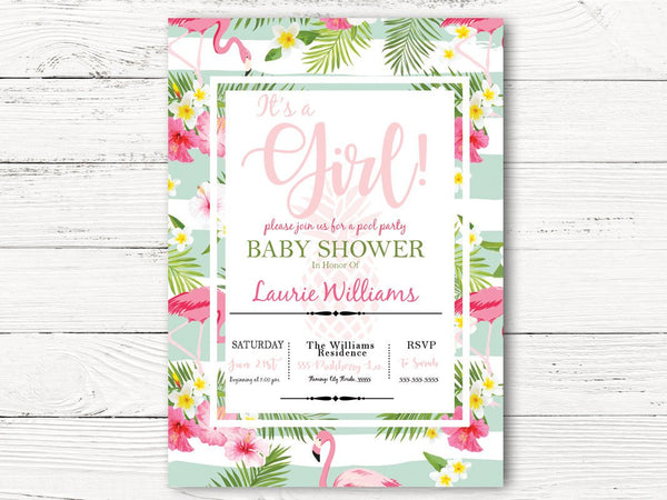 Digital Pool Party Baby Shower Invitation, Hawaiian Floral Shower Invite , Baby Girl  Shower Invitation, C053