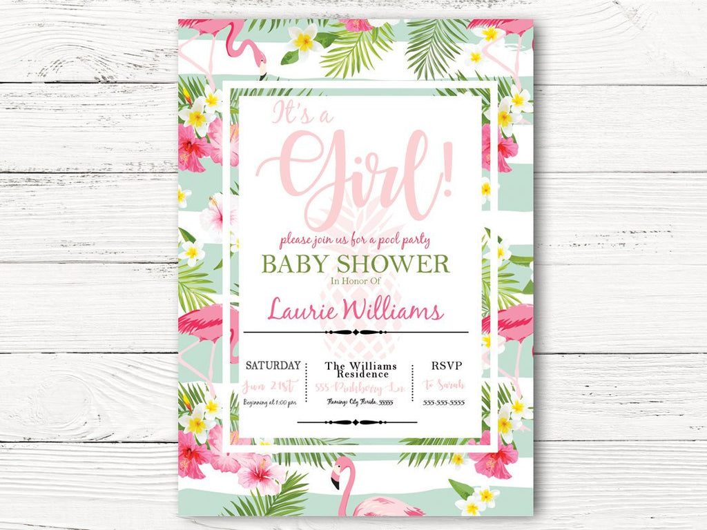 Pool Party Baby Shower Invitation, Hawaiian Floral Shower Invite , Baby Girl  Shower Invitation, C053