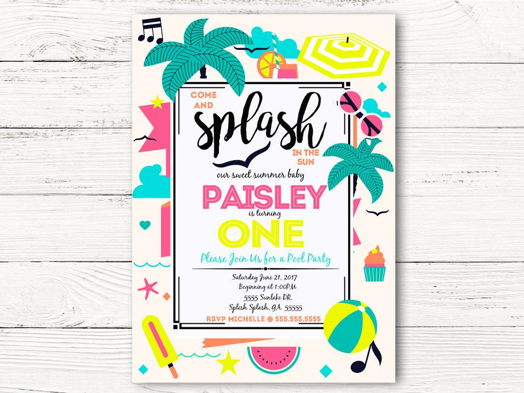 Pool Party First Birthday Invitation, Summer Party  Invite, Baby Girl 1st Birthday Invitation, C056
