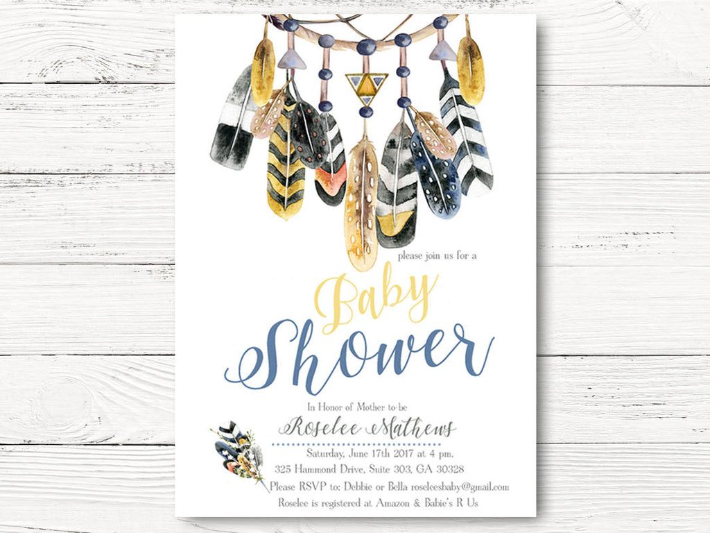 Tribal Baby Shower Invitation, Boho Baby shower invitation, Dream Catcher Baby Shower Invite, Feathers Arrows Invitation,  C064