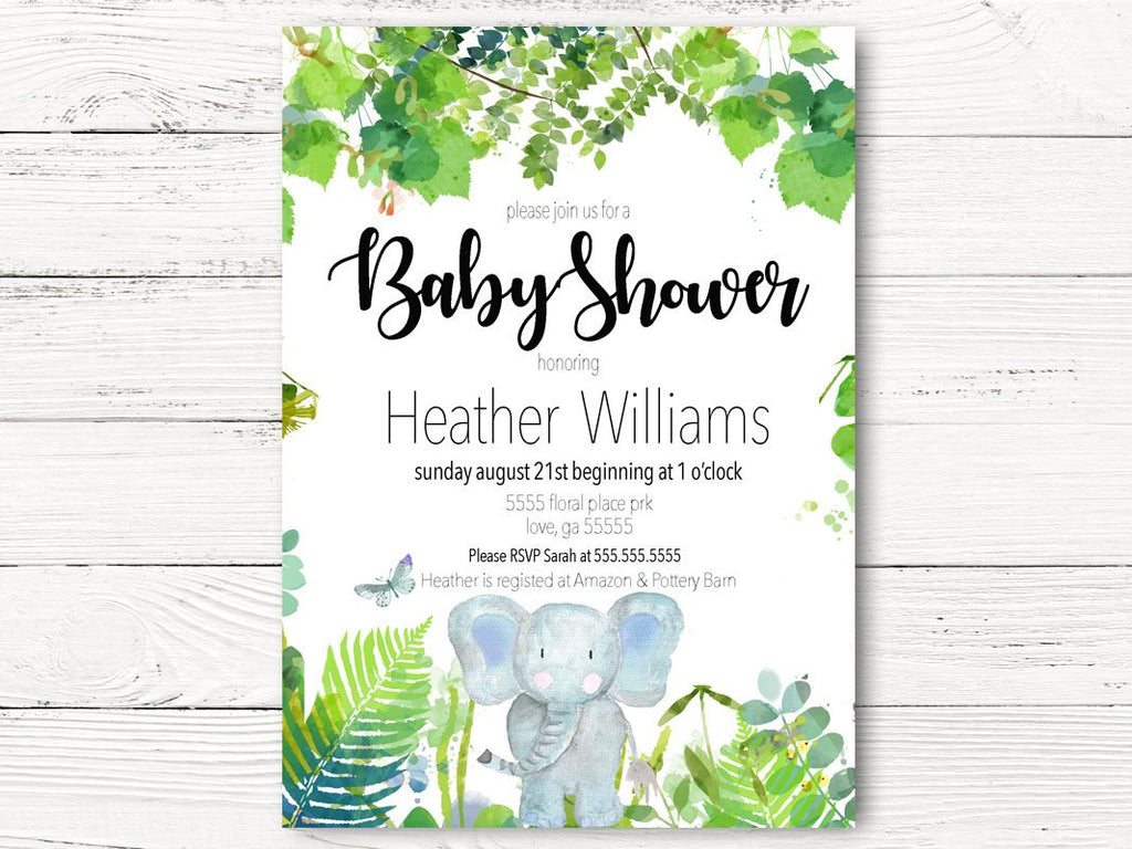 Digital Baby Elephant Baby Shower Invitation, Baby Boy Shower Invite, Jungle  Watercolor Invitation, Elephant Party,  C068