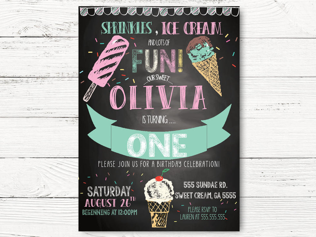 Digital Ice Cream  Birthday Invitation, Girl First Birthday, Personalized Ice Cream Social Invite, Girl 1st Birthday Invitation Cards, C075