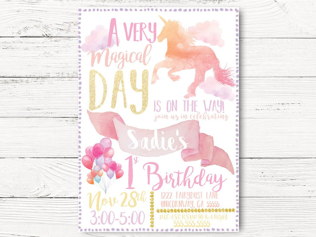 Digital Unicorn Invitation, Unicorn First Birthday Invite, Baby Girl Birthday, Magical invitation,  Invite, Unicorn Birthday Party ,  C069