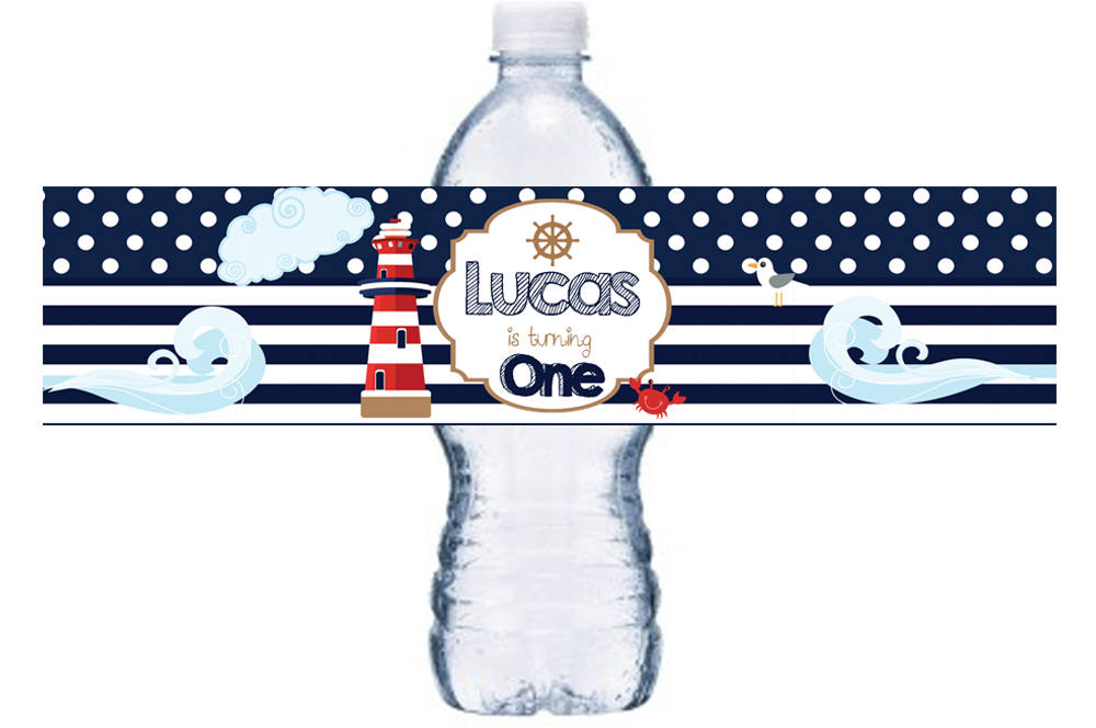 Nautical Birthday Party Water Bottle Label, Nautical Bottle Label, Ahoy First Birthday Bottle Wrap, Lighthouse Bottle Label,  BL055
