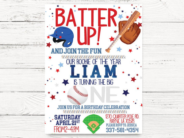 Baseball First 1st Birthday, Baby Boy Baseball First Birthday Invite, Baseball Invitations, Baseball Themed Party, Birthday Invitation, C103